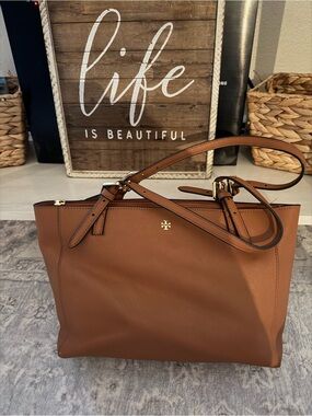 Tory Burch Chestnut Brown Leather Tote with Gold Logo